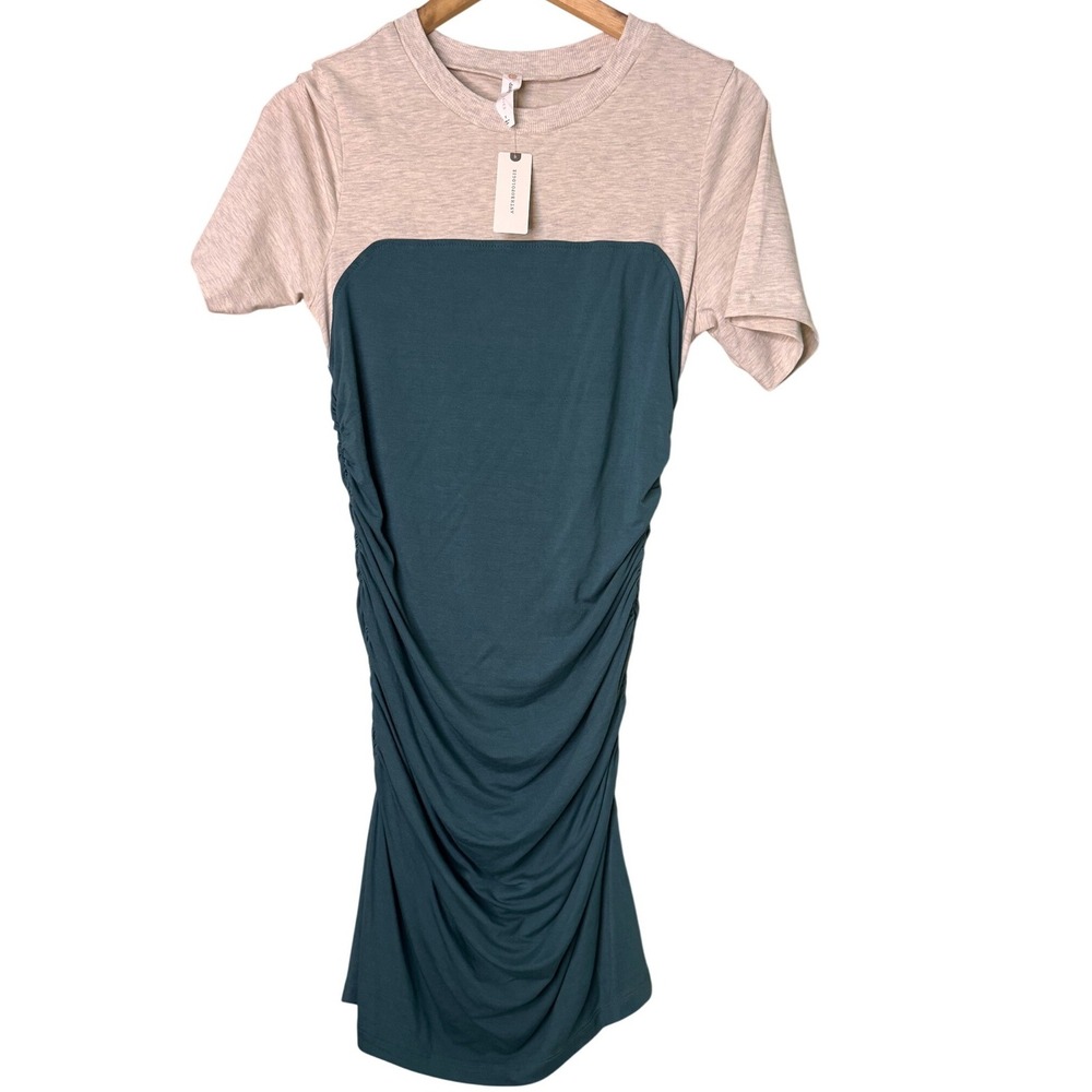 Daily Practice Anthropologie Colorblock Ruched TShirt Mini Dress Green Oatmeal S